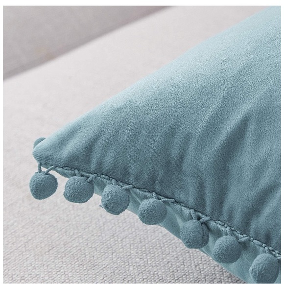 Dusty Light Blue Modern Preppy Pompom Throw Pillow Decorative Cute Cover Set - Picture 6 of 16
